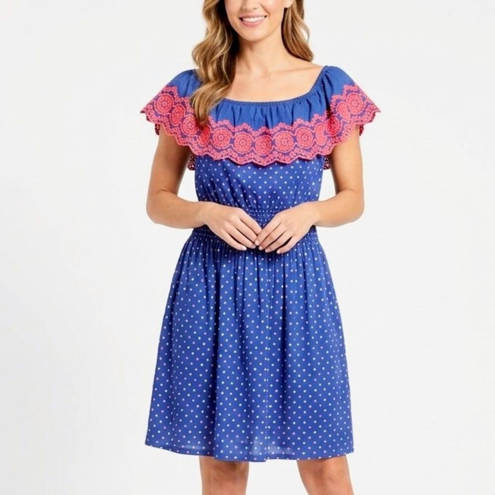 LILLY PULITZER Dress Blue Pink OffTheShoulder Smocked Borealis Kalama Size Large